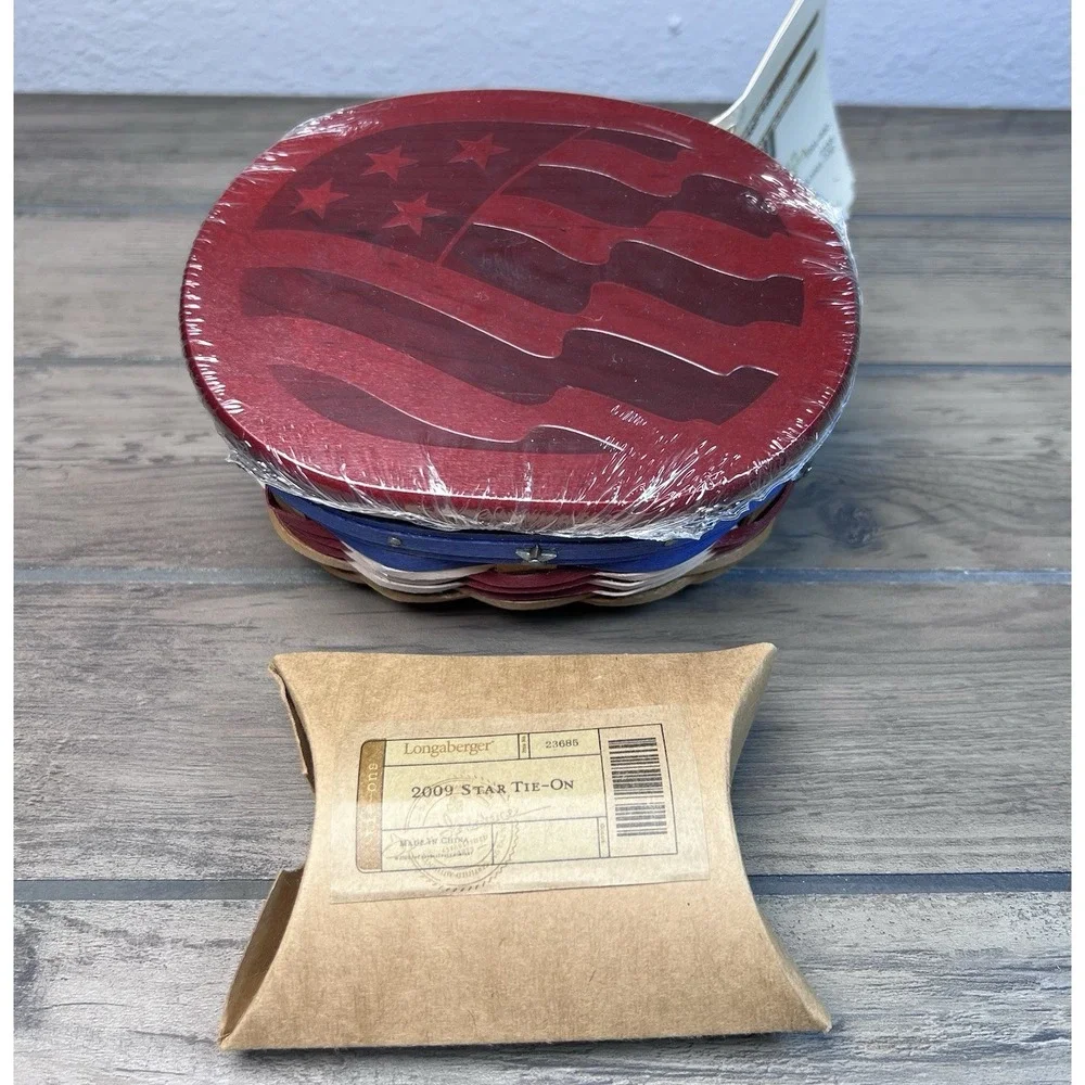 Longaberger 2009 NWT Stars & Stripes Basket Combo W/ Lid, Protector! Tie-On USA